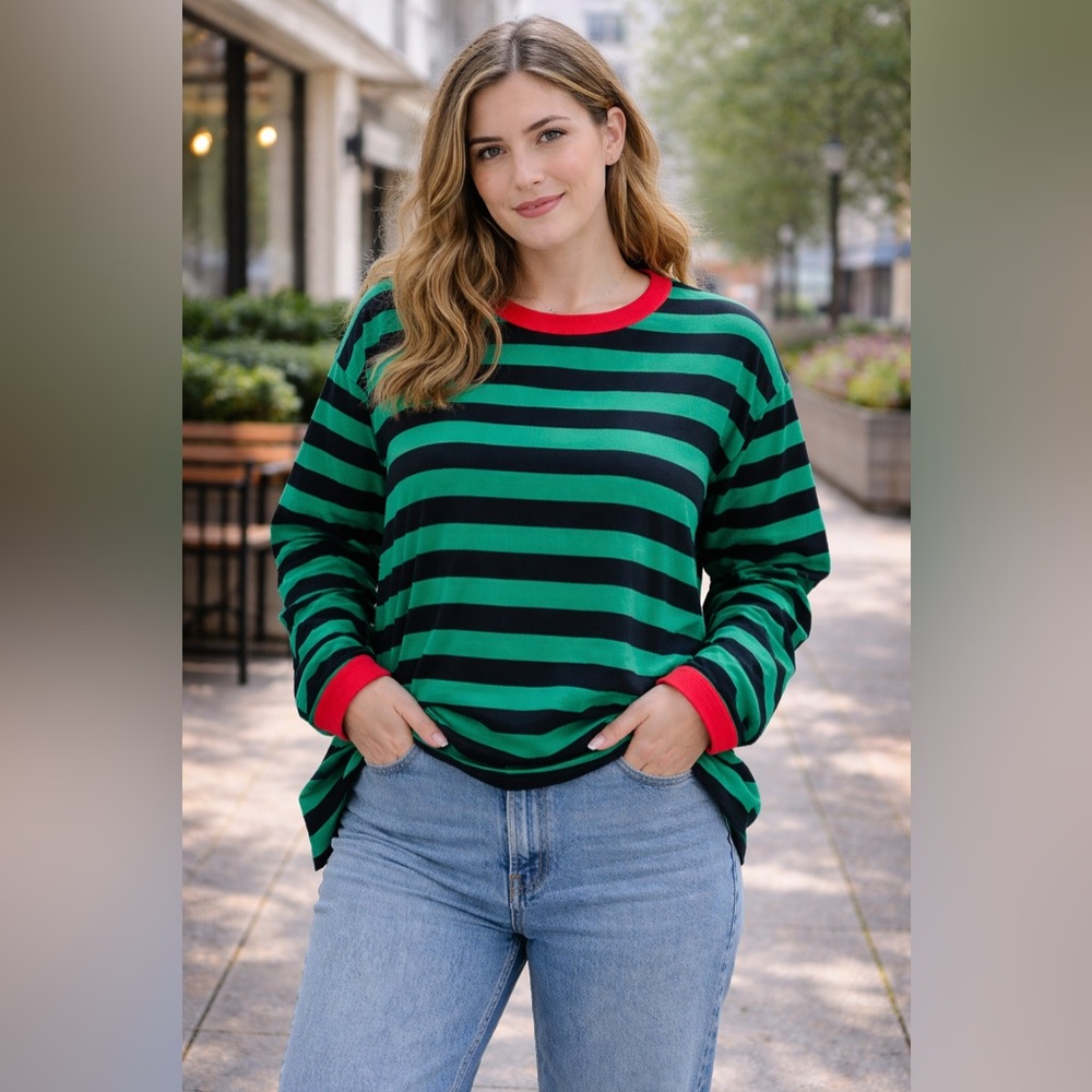 Green and Black Striped Long Sleeve Top
